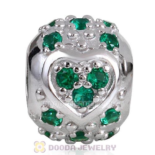 Sterling Silver European Style Heart Beads with Emerald CZ Stone
