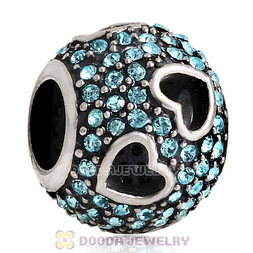 Sterling Silver Tumbling Hearts Charm with Sparkling Aquamarine Austrian Crystal
