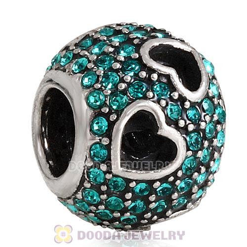 Sterling Silver Tumbling Hearts Charm with Blue Zircon Austrian Crystal