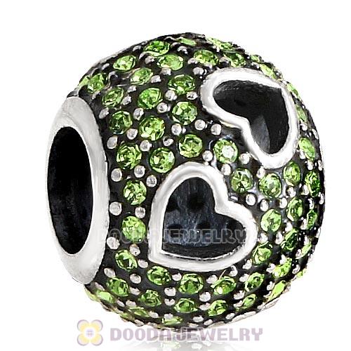 Sterling Silver Tumbling Hearts Charm with Peridot Austrian Crystal