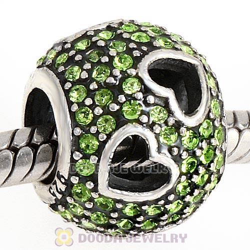 Sterling Silver Tumbling Hearts Charm with Peridot Austrian Crystal