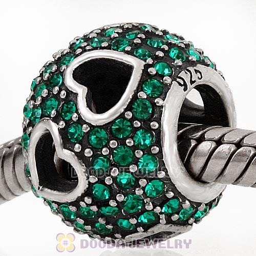 Sterling Silver Tumbling Hearts Charm with Emerald Austrian Crystal