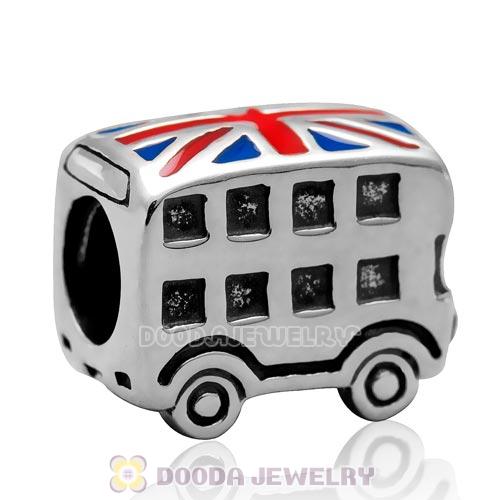925 Sterling Silver Double Decker Tour Bus with British Flag Enamel Charm Bead 