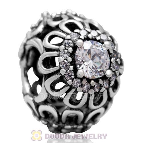 Fashion Authentic Sterling Silver Floral Brilliance Charm Clear Gemstone Bead