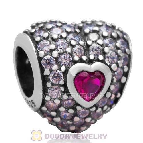 S925 Sterling Silver In My Heart Charm Bead with Fuchsia Stone