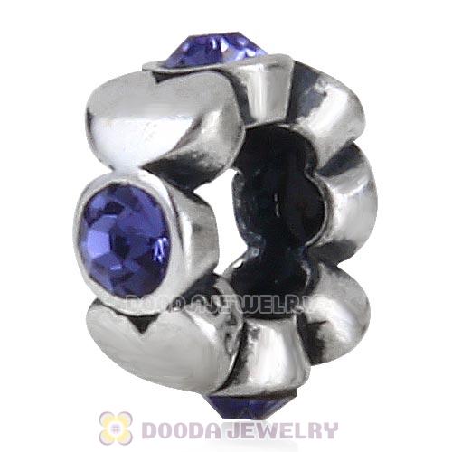 European Sterling Silver Heart Spacer Beads with Tanzanite Austrian Crystal