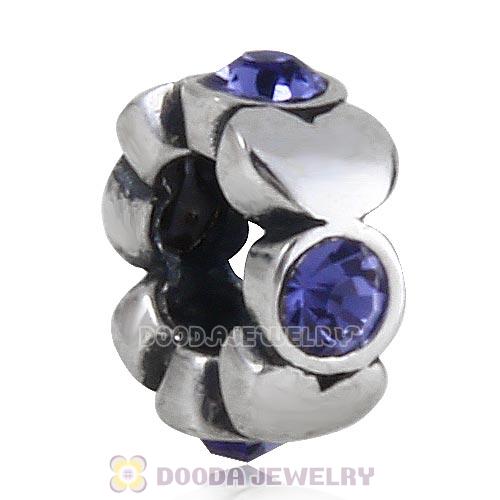 European Sterling Silver Heart Spacer Beads with Tanzanite Austrian Crystal
