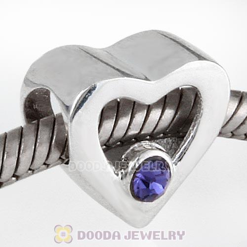 Sterling Silver European Heart Beads with Tanzanite Austrian Crystal