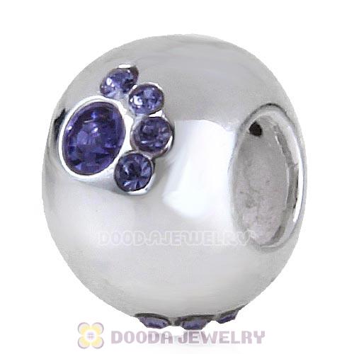 Sterling Silver Dog Paw Prints Beads With Tanzanite Austrian Crystal 