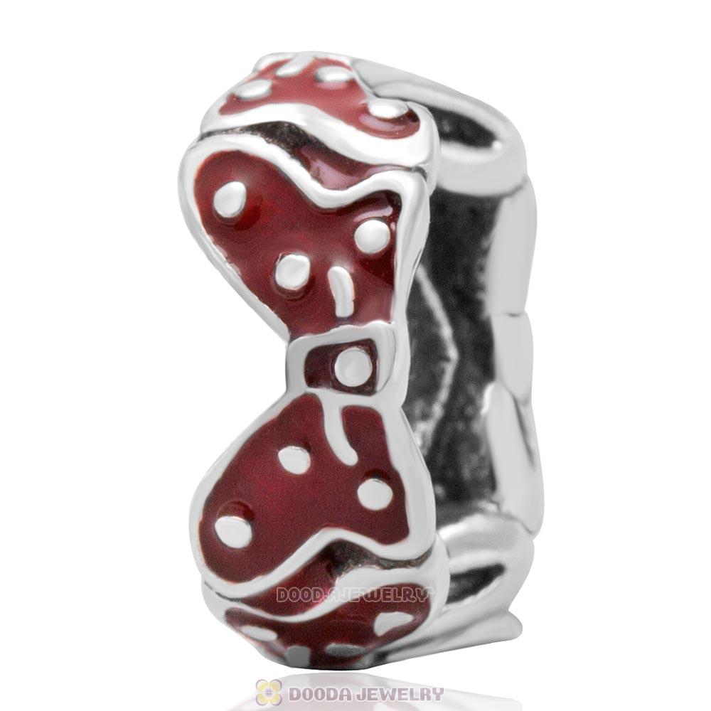 925 Sterling Silver Minnie Bowknot Arround Red Enamel Charm Spacer Bead 