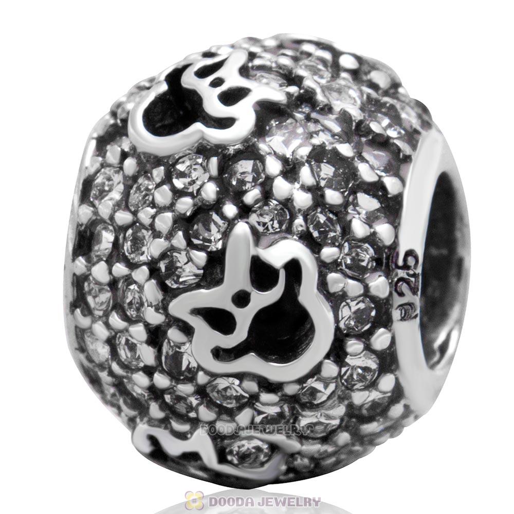 European Style Sterling Silver Minnie Head Charm Pave With Clear Austrian Crystal