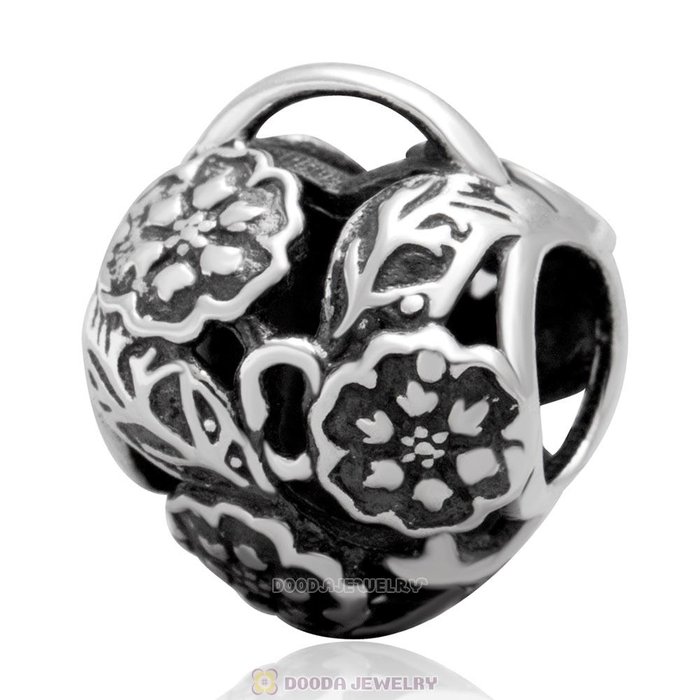 Antique Sterling Silver Floral Heart Charm Beads European Style