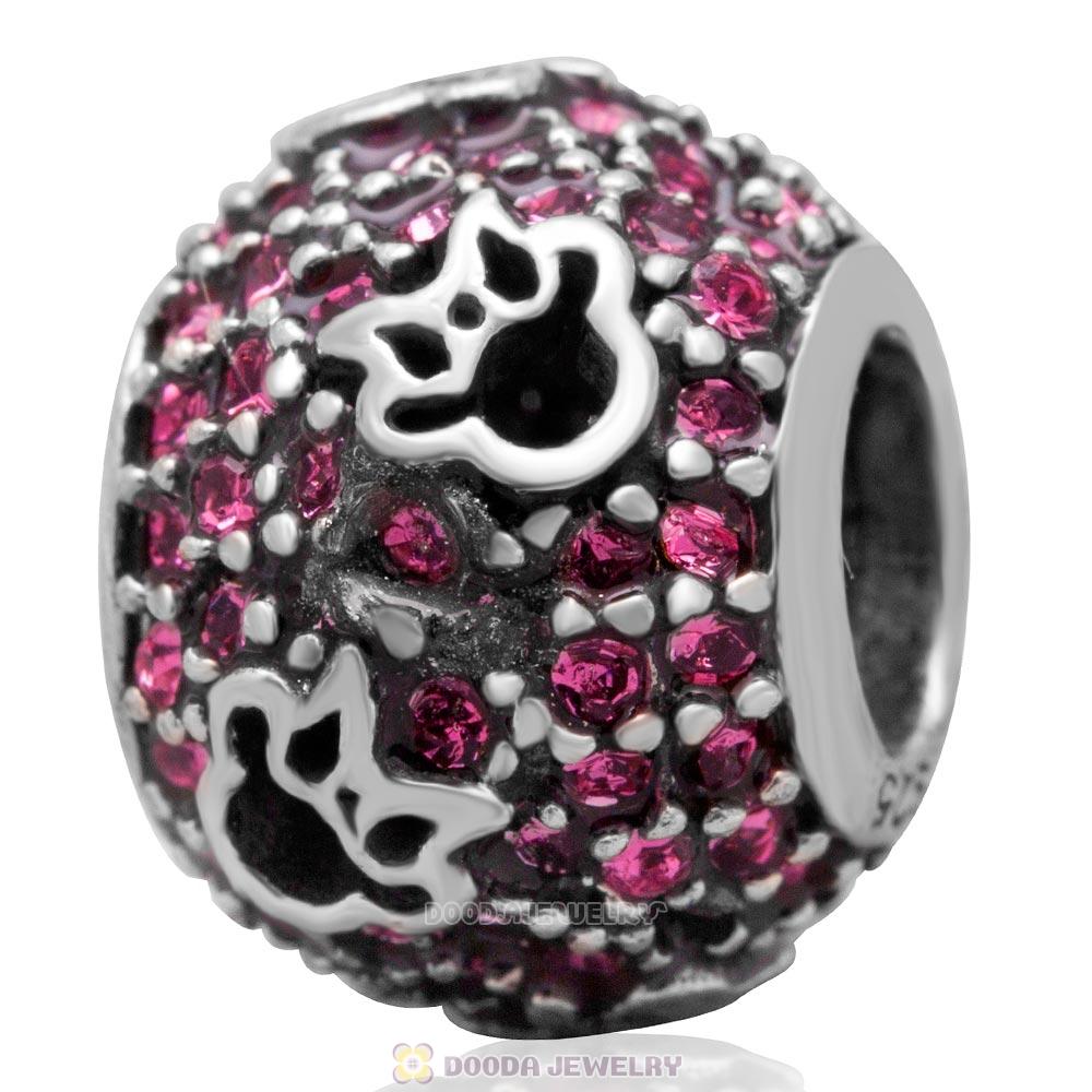 European Style Sterling Silver Minnie Head Charm With Rose Austrian Crystal