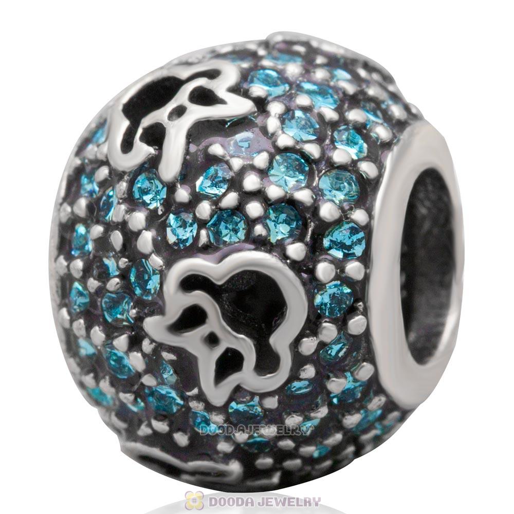 European Style Sterling Silver Minnie Head Charm With Aquamarine Austrian Crystal