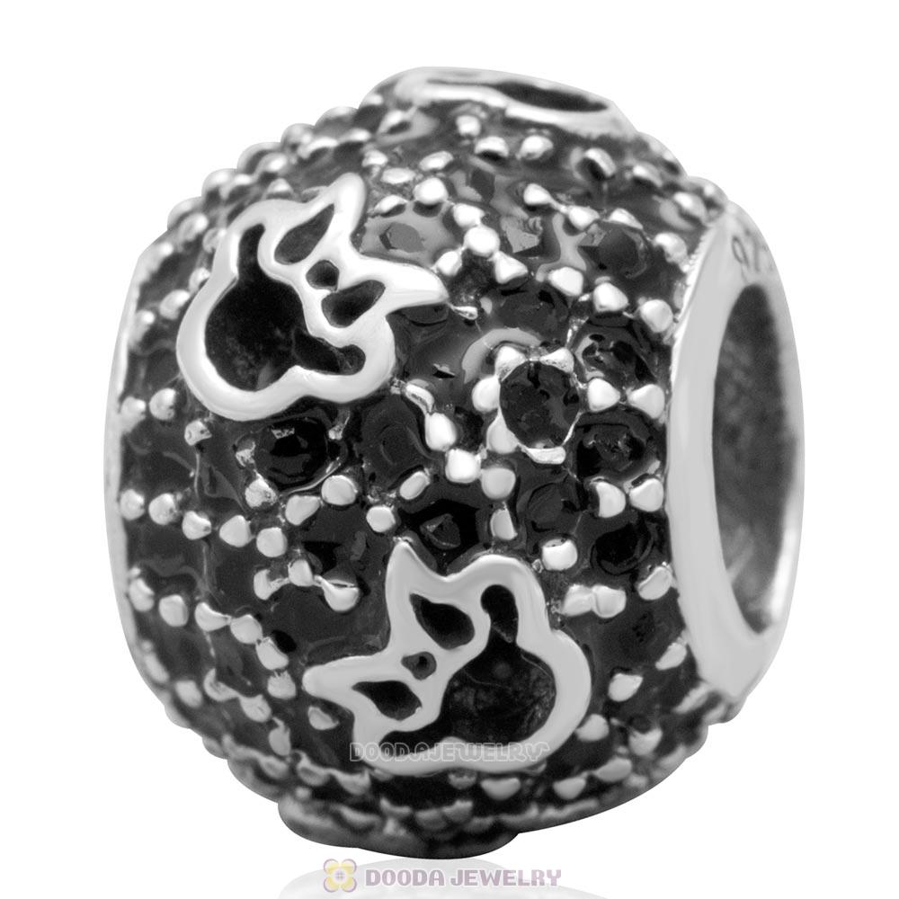 European Style Sterling Silver Minnie Head Charm With Jet Austrian Crystal
