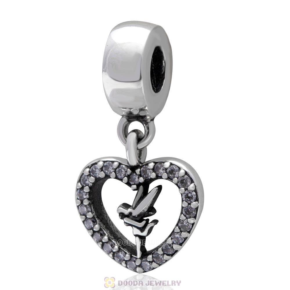 925 Sterling Silver Love Tinker Bell Dangle Clear CZ Heart Charm