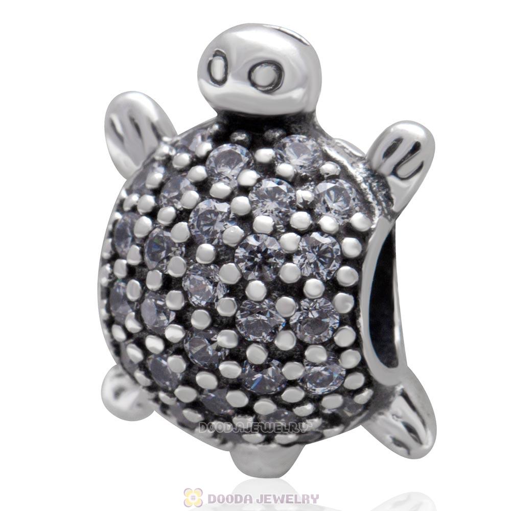925 Sterling Silver Sea Turtle Charm Bead With Pave Clear CZ