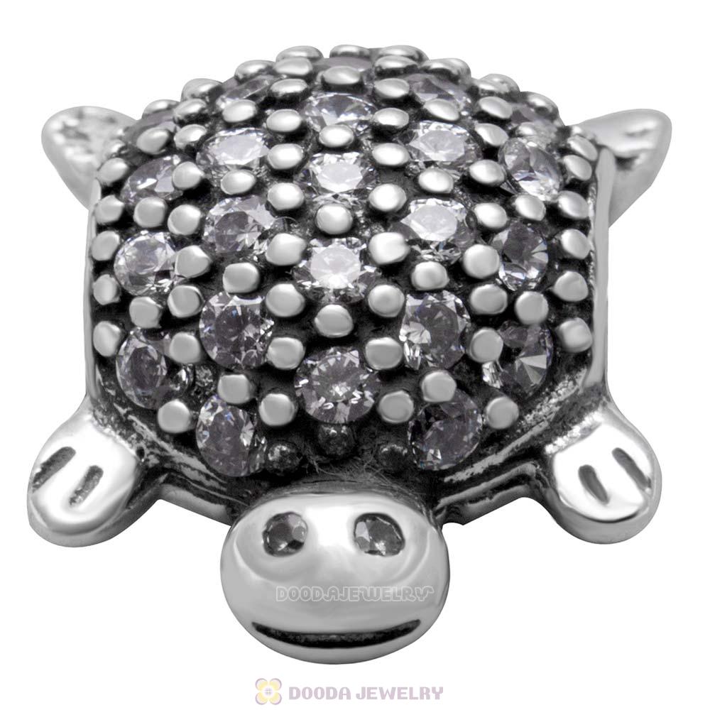 925 Sterling Silver Sea Turtle Charm Bead With Pave Clear CZ