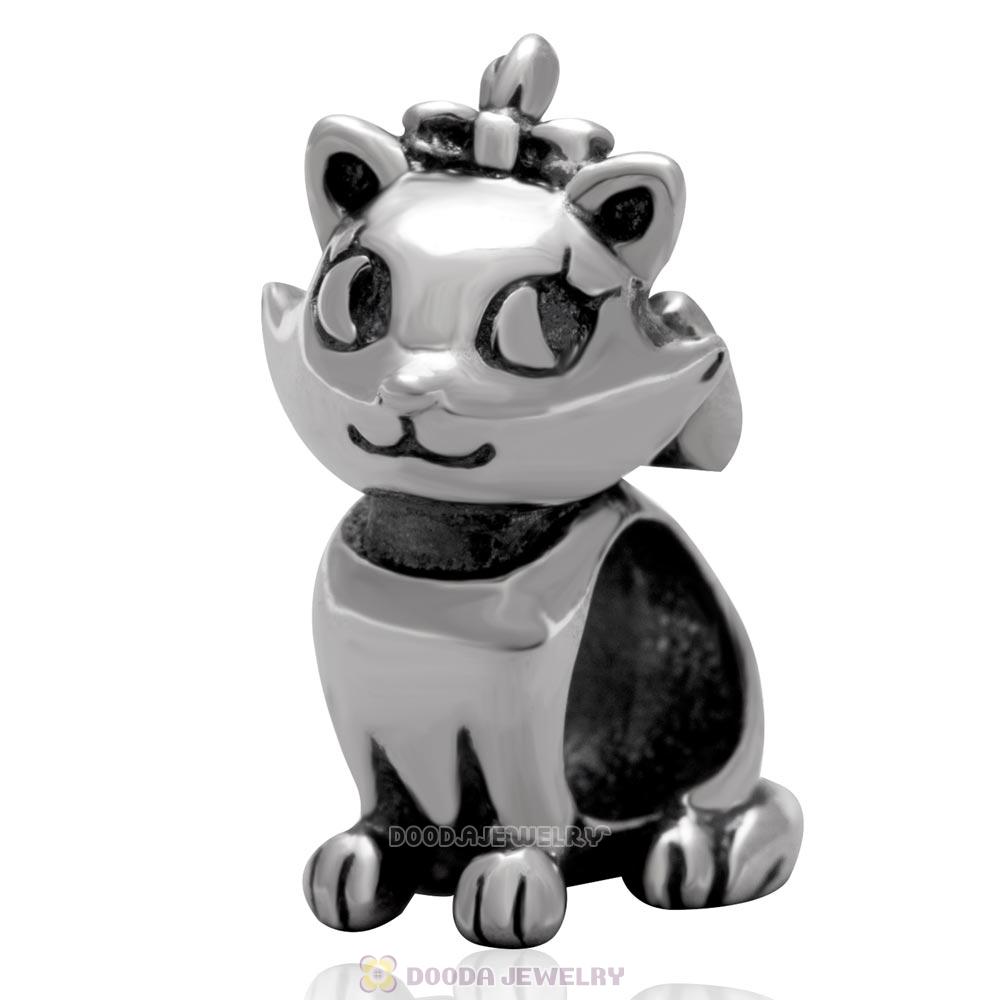 Antique Sterling Silver Charm Kitty Cat Bow Bead 