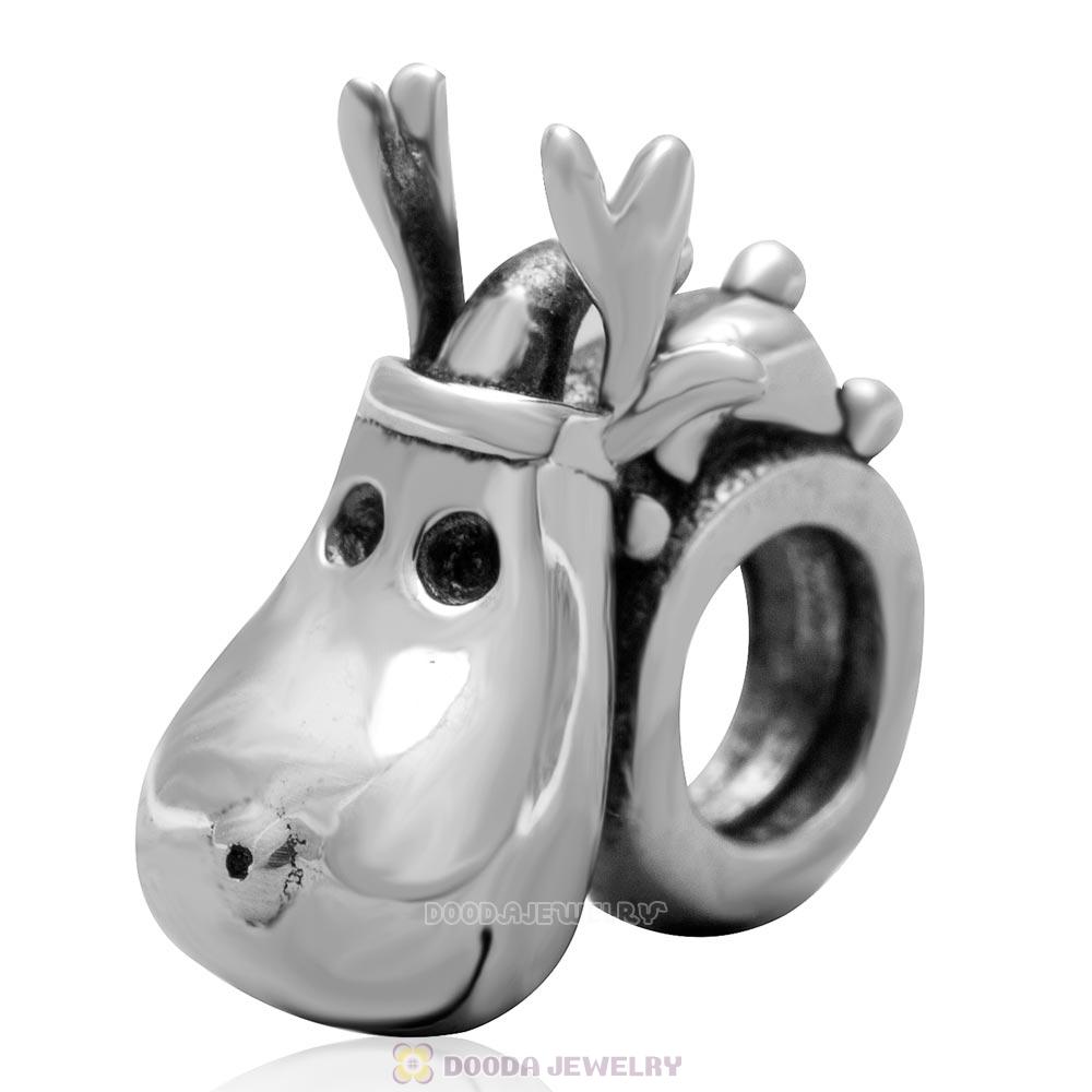 925 Sterling Silver Christmas Reindeer Head Charm Bead