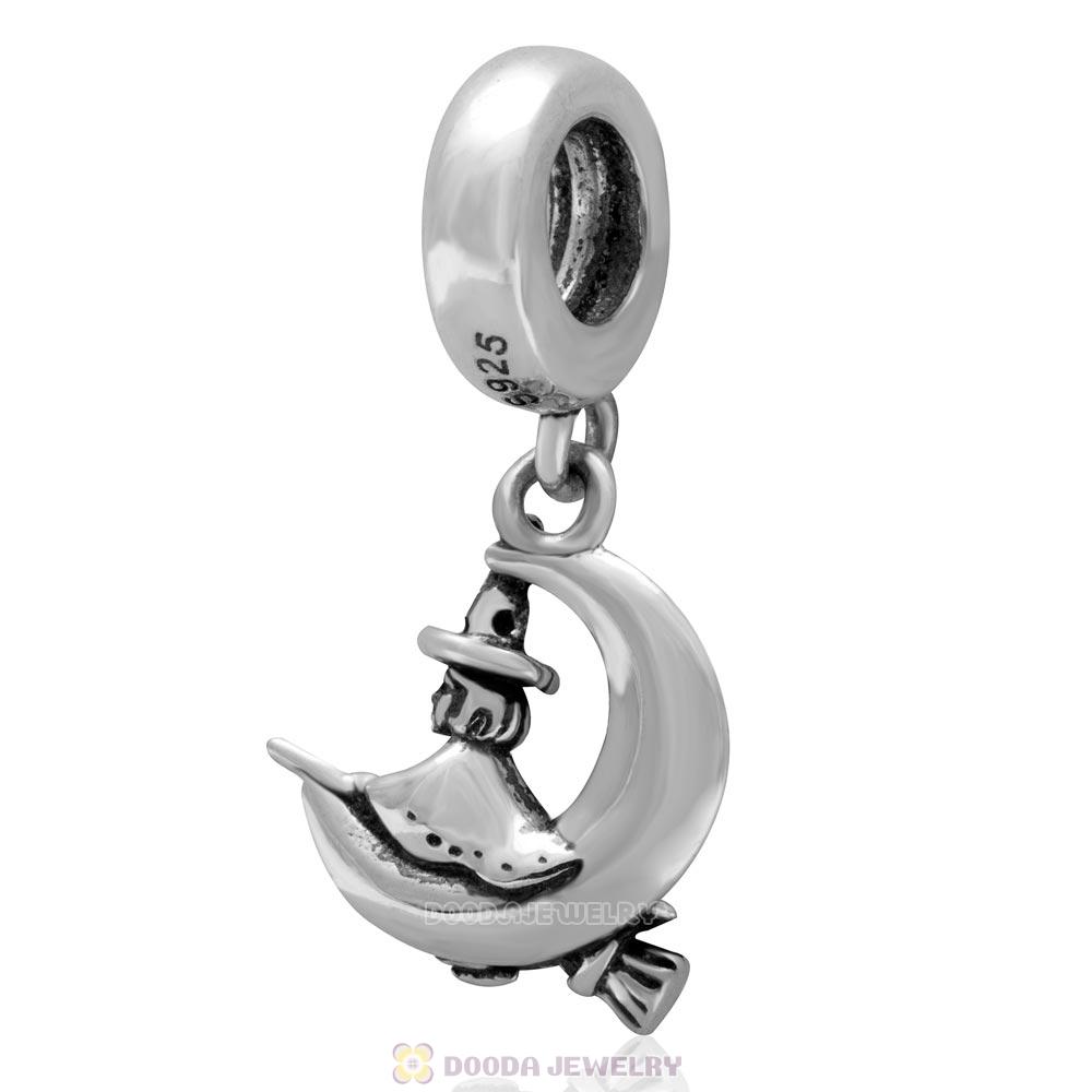 925 Sterling Silver European Charm Witch Riding Broom Over the Moon Bead