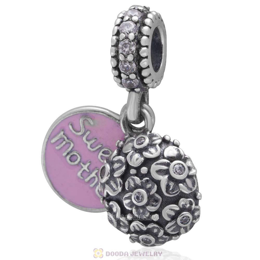 Antique 925 Sterling Silver Sweet Mother Hanging Charm with Clear CZ