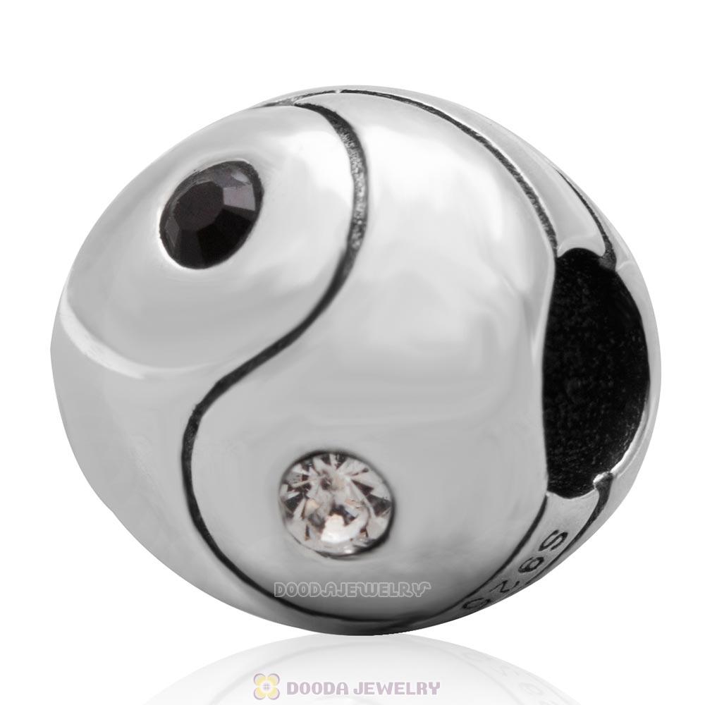 Sterling Silver Ying Yang Charm Bead with Black and White Crystal