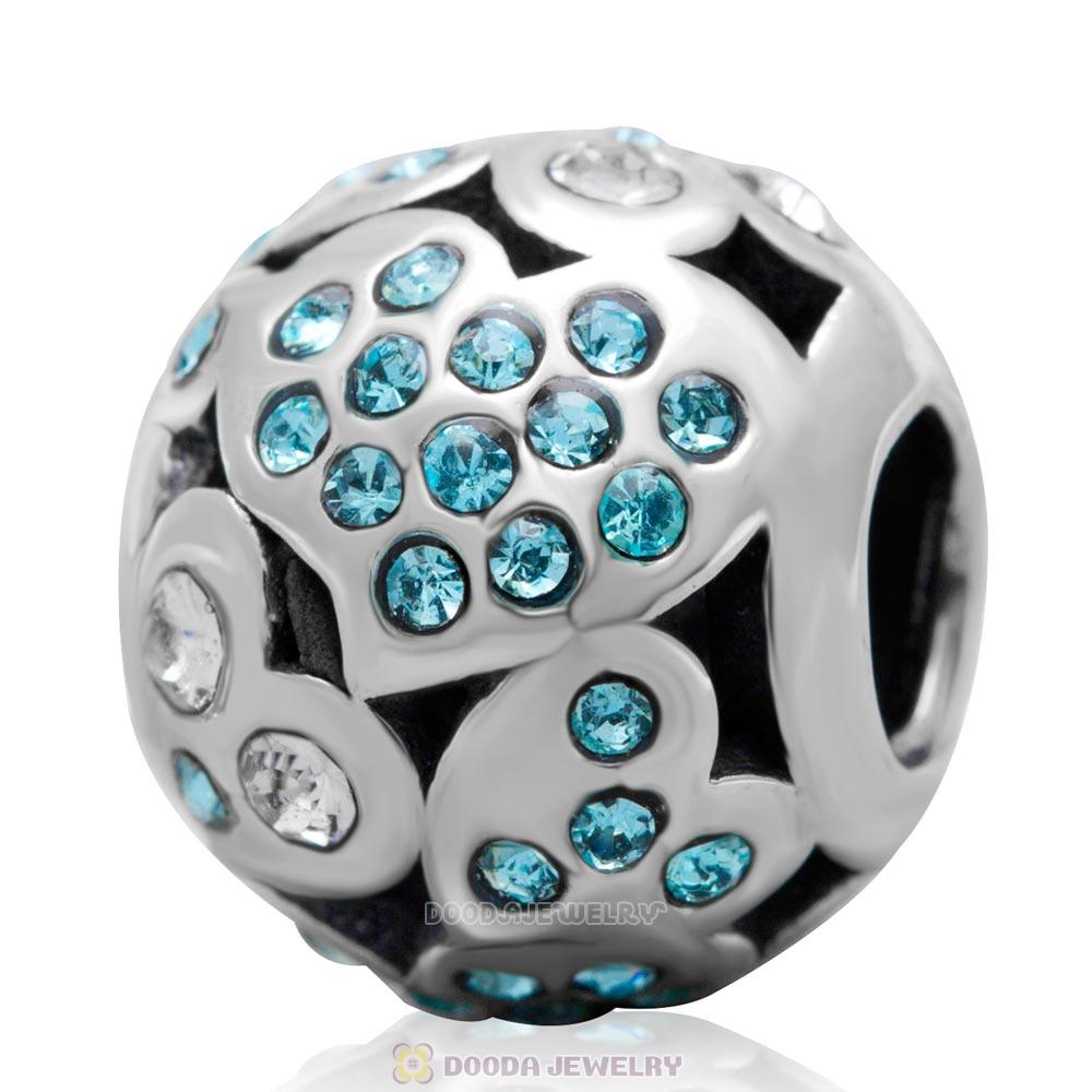 Sterling Silver Love Heart Charm Bead with Pave Aquamarine Australian Crystal