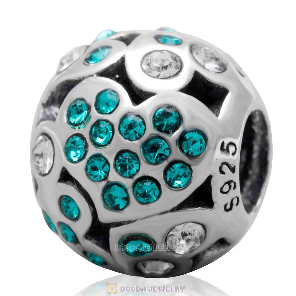 Sterling Silver Love Heart Charm Bead with Pave Blue Zircon Australian Crystal