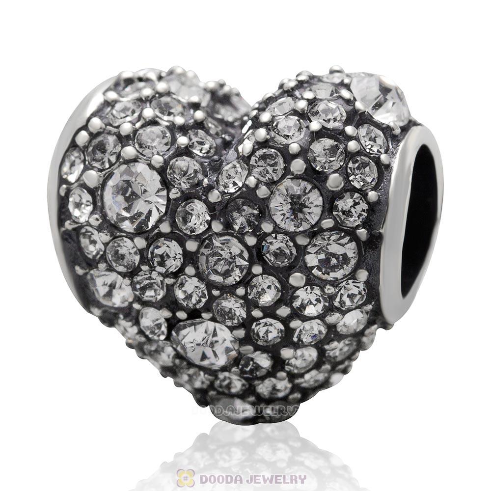 Sterling Silver Clear Pave Heart Charm With Sparkling Clear Austrian Crystal 