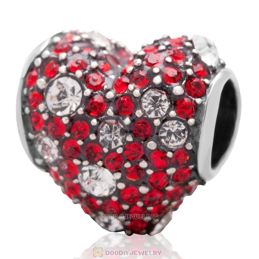 Sterling Silver Red Pave Heart Charm With Sparkling Light Siam Austrian Crystal 