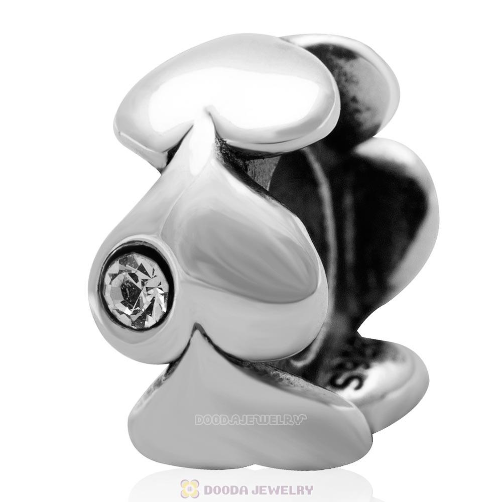 European Sterling Silver Heart to Heart Spacer Beads with Clear Austrian Crystal