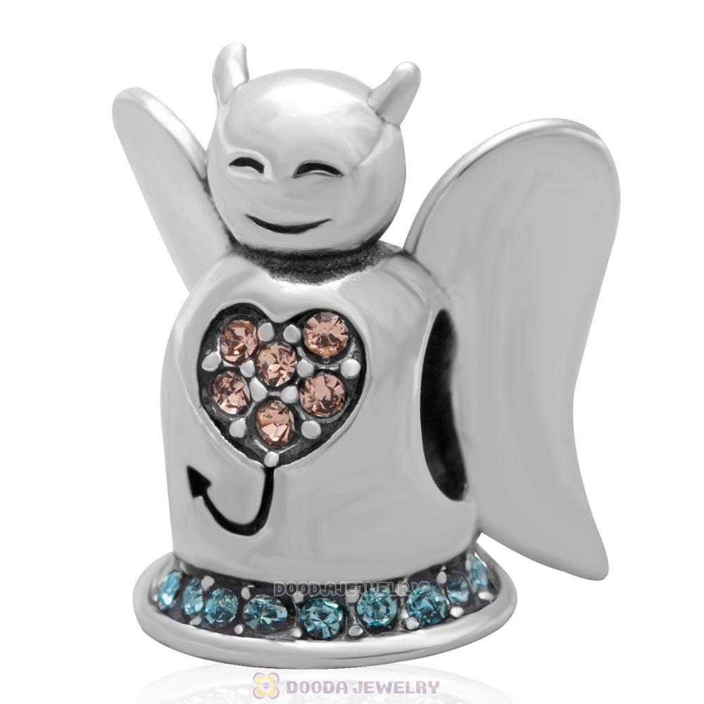 Sterling Silver European Charm Loving Angel Bead with Lt Peach Crystal