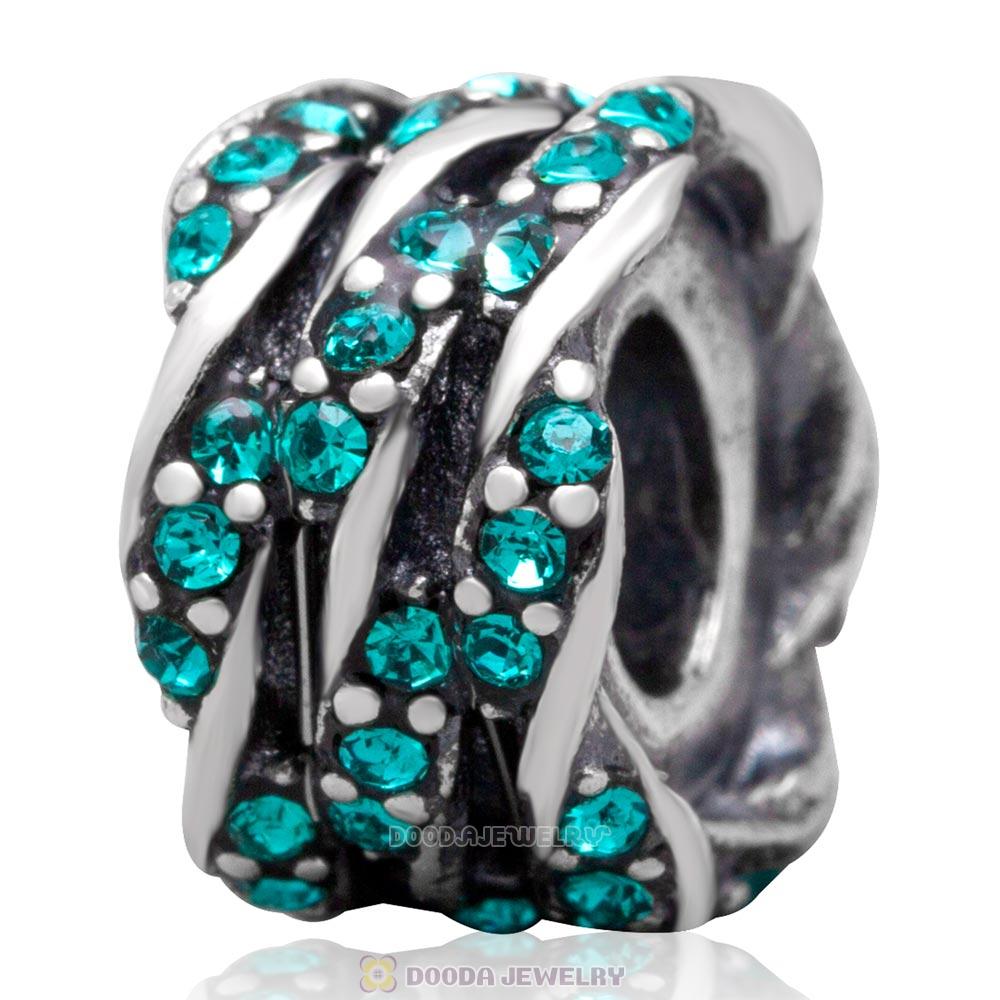 European Antique Sterling Silver Charm Bead with Pave Blue Zircon Australian Crystal