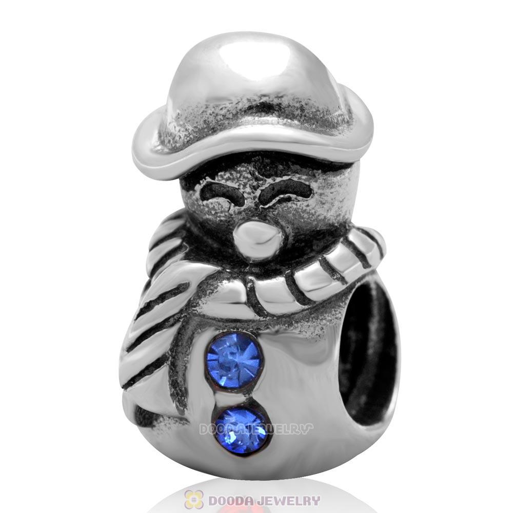 925 Sterling Silver Christmas Snowman Charm Bead with Sapphire Austrian Crystal