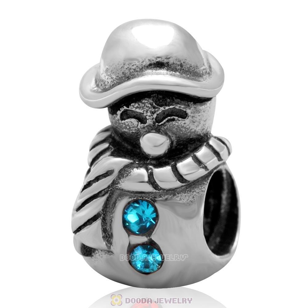 925 Sterling Silver Christmas Snowman Charm Bead with Blue Zircon Austrian Crystal