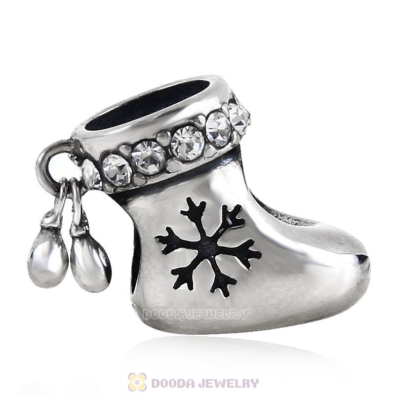 925 Sterling Silver Charm Christmas Stocking Bead with Clear Austrian Crystal