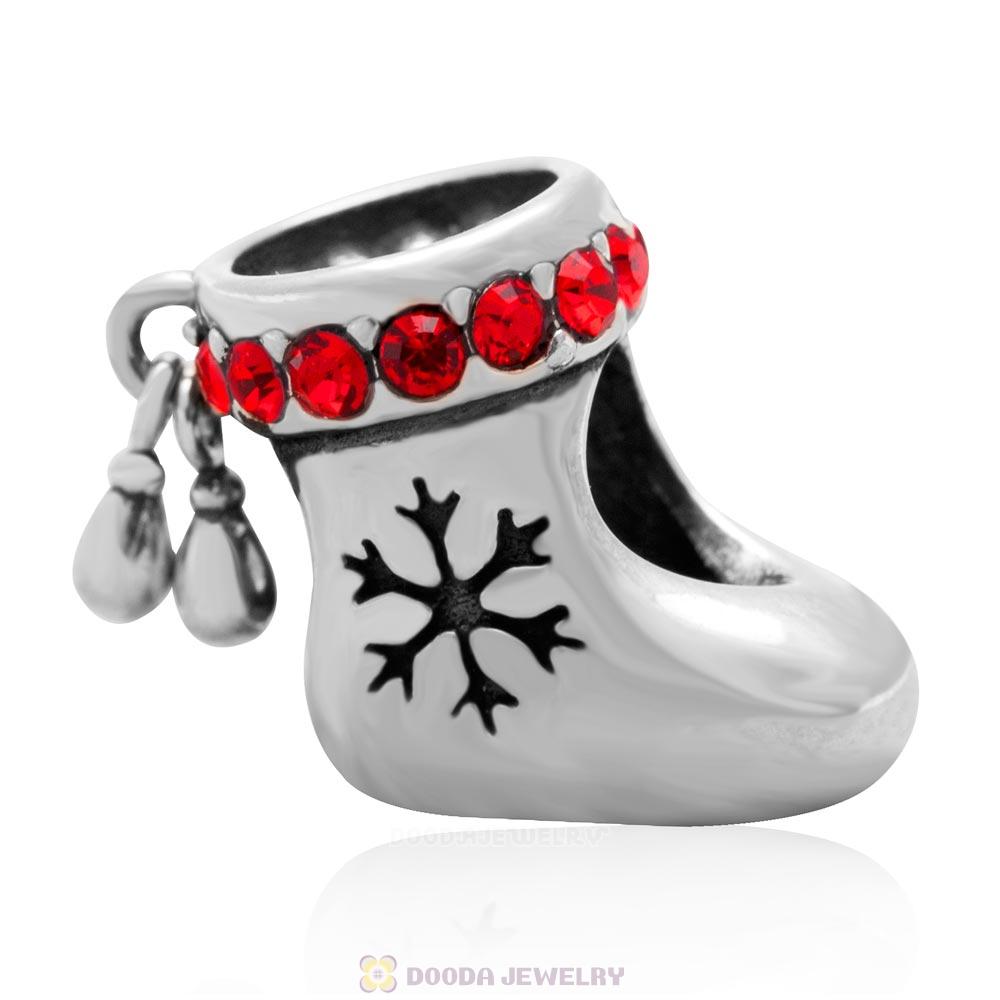 925 Sterling Silver Charm Christmas Stocking Bead with Lt Siam Austrian Crystal