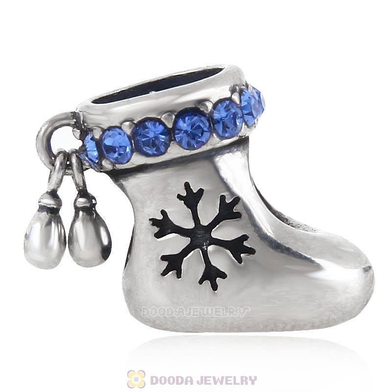 925 Sterling Silver Charm Christmas Stocking Bead with Sapphire Austrian Crystal
