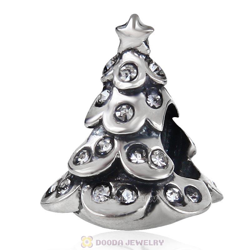 925 Sterling Silver Merry Christmas Tree Bead with Clear Australian Crystal