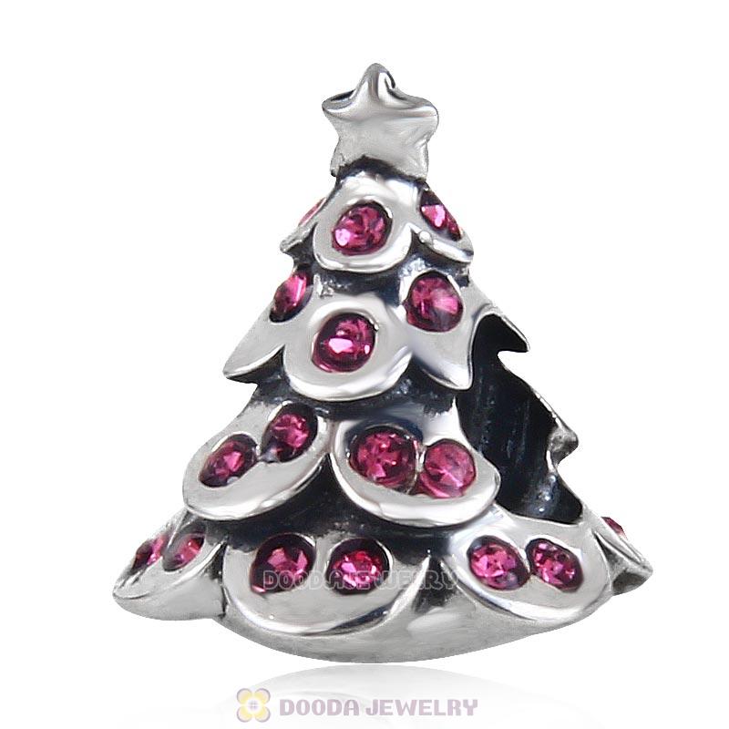 925 Sterling Silver Merry Christmas Tree Bead with Rose Australian Crystal