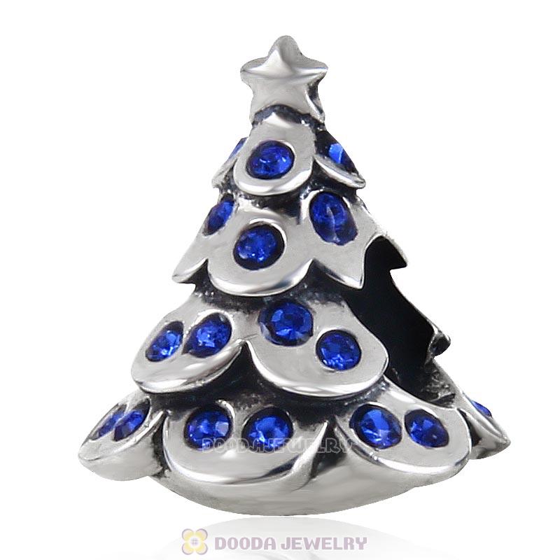 925 Sterling Silver Merry Christmas Tree Bead with Sapphire Australian Crystal