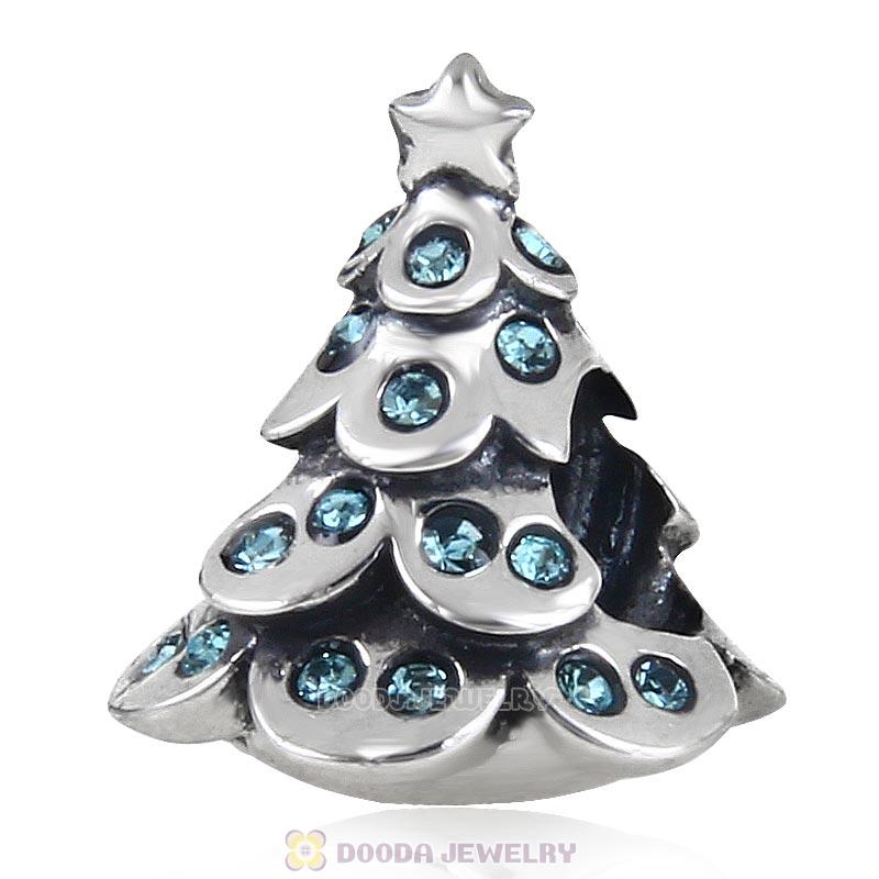 925 Sterling Silver Merry Christmas Tree Bead with Aquamarine Australian Crystal