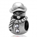925 Sterling Silver Christmas Snowman Charm Bead with Clear Austrian Crystal