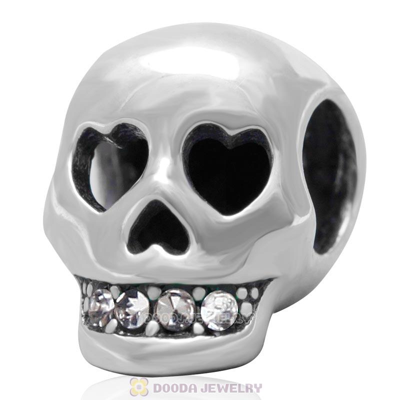 Terrible Skull Charm 925 Sterling Silver Bead with Bling Clear Austrian Crystal