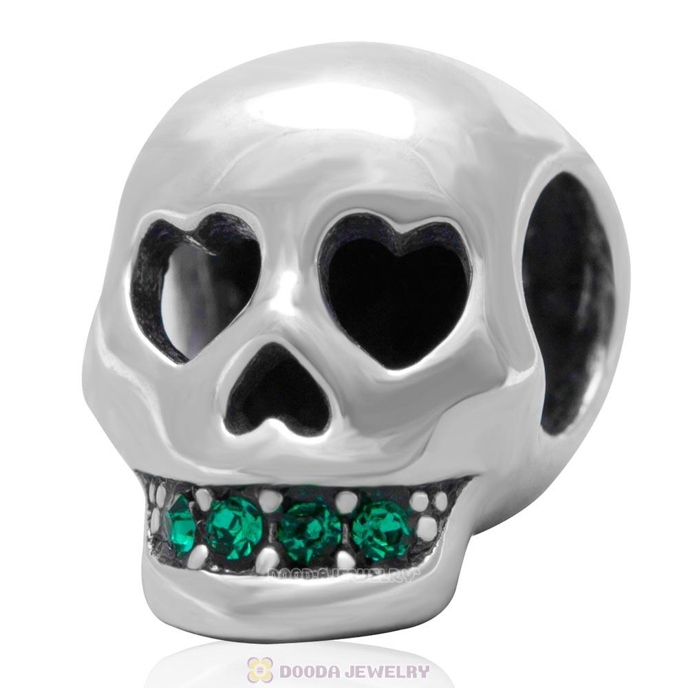 Terrible Skull Charm 925 Sterling Silver Bead with Bling Emerald Austrian Crystal