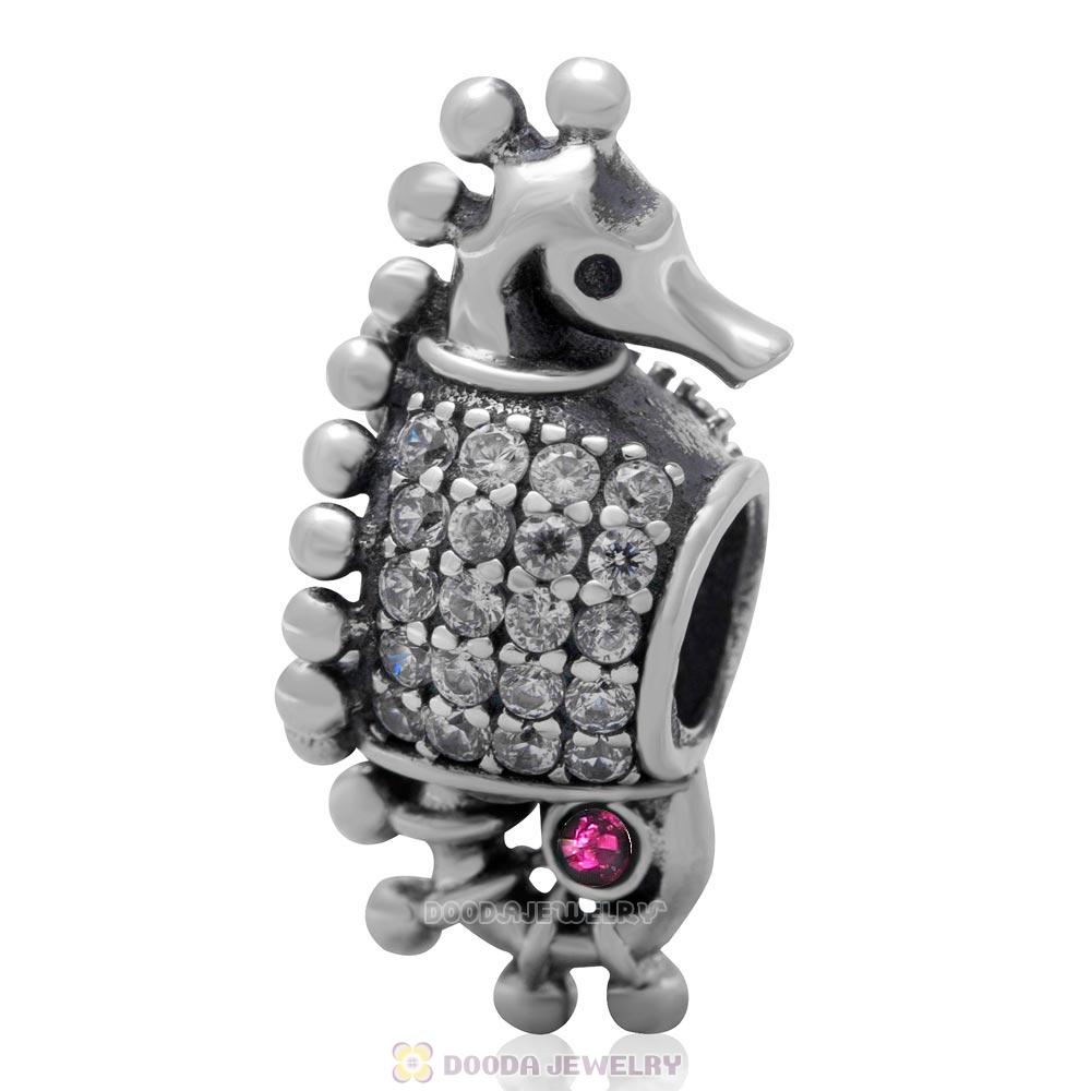 Sterling Silver CZ Pave Tropical Seahorse Bead with Fuchsia Austrian Crystal 