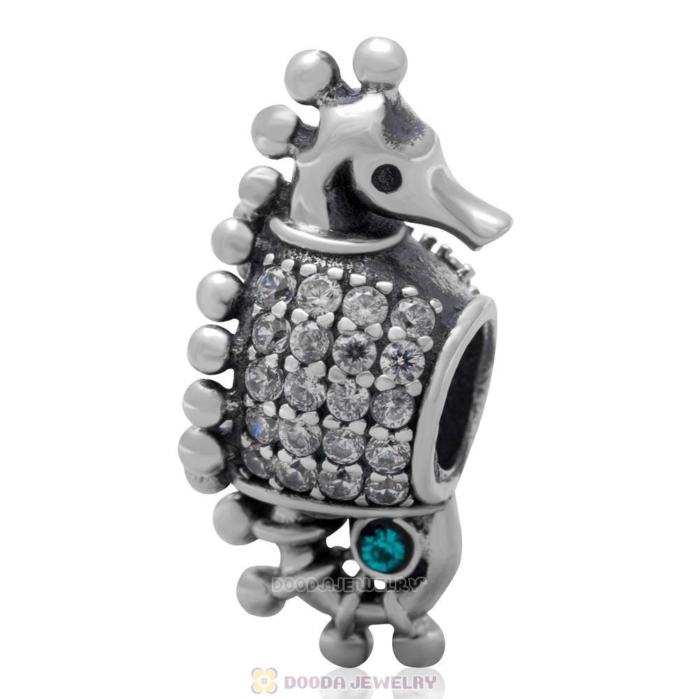 Sterling Silver CZ Pave Tropical Seahorse Bead with Blue Zircon Austrian Crystal 