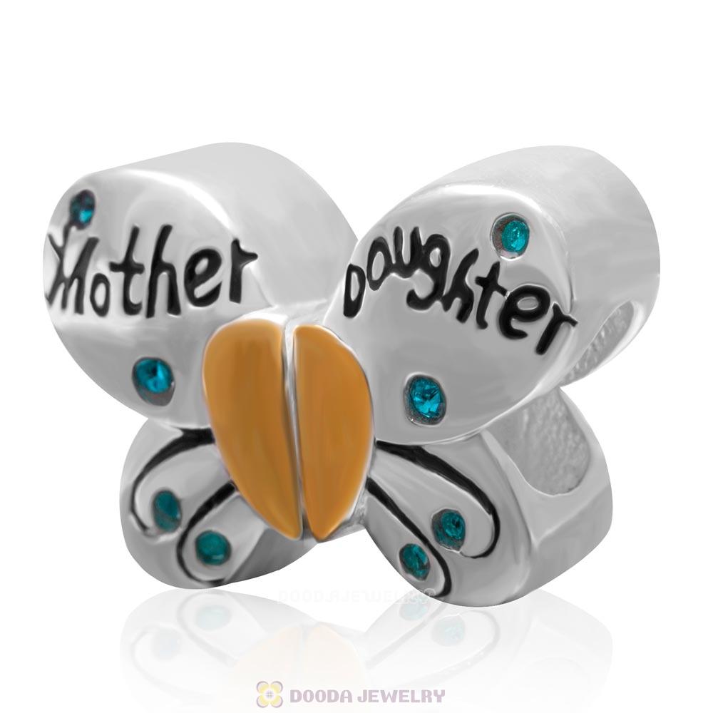 1 Pair Sterling Silver Gold Plated Mother Daughter Butterfly Bead with Blue Zircon Austrian Crystal