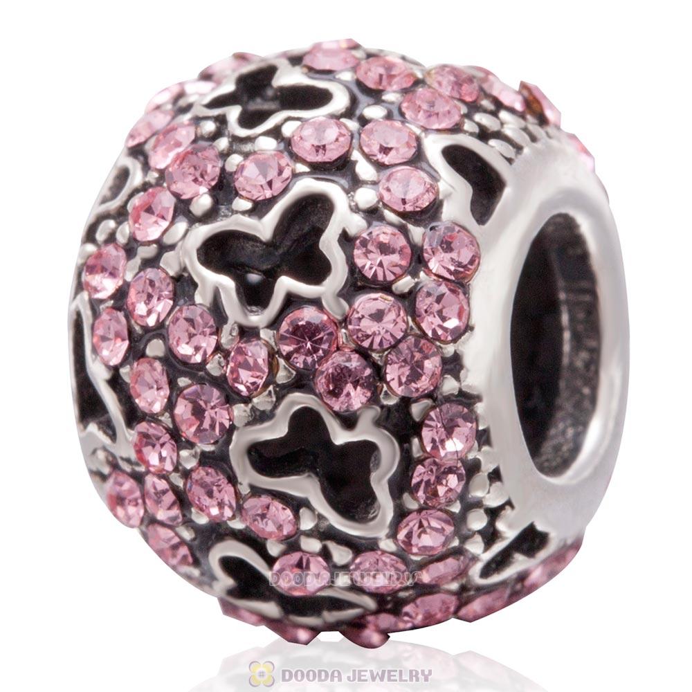Fluttering Butterflies Charm 925 Sterling Silver Bead with Lt Rose Pave Australian Crystal